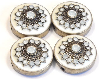 Four 2 Hole Slider Beads 2 Hole Spacer Beads Antiqued Brass Plated Ivory Enamel White Opal Rhinestone Flowers Victorian Renaissance Beads