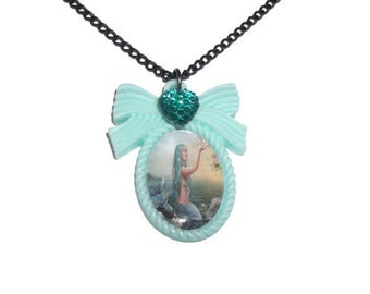 Pastel Mermaid Necklace, Mint Green Kawaii Pastel Cameo Necklace