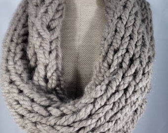 Chunky Hand Knit Infinity Scarf Cowl in Taupe Light Brown