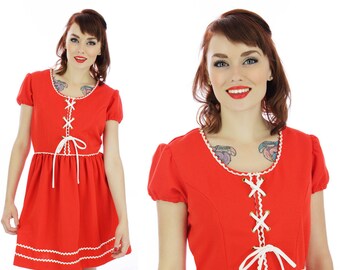 Mod Babydoll Dress 60s Mini Dolly Sixties Corset Lacing Bodice 1960s Puff Sleeves Empire Waist 70s Retro S M Small Medium