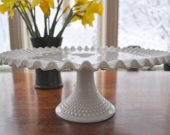 Fenton cake stand, milk glass cake stand, ruffled hobnail