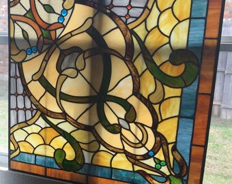 local pickup - Fabulous Huge Vintage Leaded Glass Panel from Building in Dallas - late 1800's 40"x40"