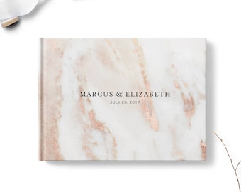 Custom wedding guestbook, Personalized guest book, Landscape with optional gold foil, Blush Pink Marble, Blank or lined pages gb0113