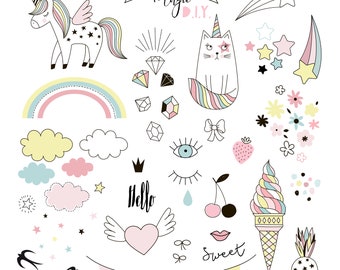 Unicorn clipart, Party Unicorns, Magical Unicorn scrapbook papers, pastel papers, Rainbow digital paper, Unicorn clipart, Clouds paper