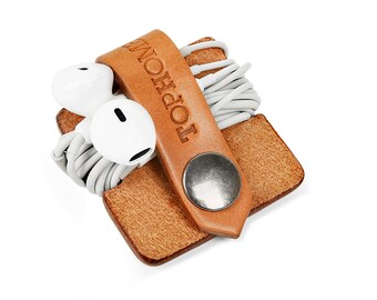 Earphone Organizer Cord Organizer Leather Cable Holder Earbud Holder Christmas Gift Best Gift for her Italian Thick Leather Cord Winder