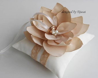 Wedding ring pillow with beige Lily flower-ring holder, ring pillow-ready to ship