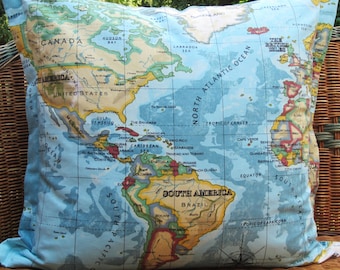 World Map Cushion Cover, Blue World Map Pillow Cover, 24 inch ,Atlas Cushion Cover Whole World Cushion Cover Map Fabric on Front and back