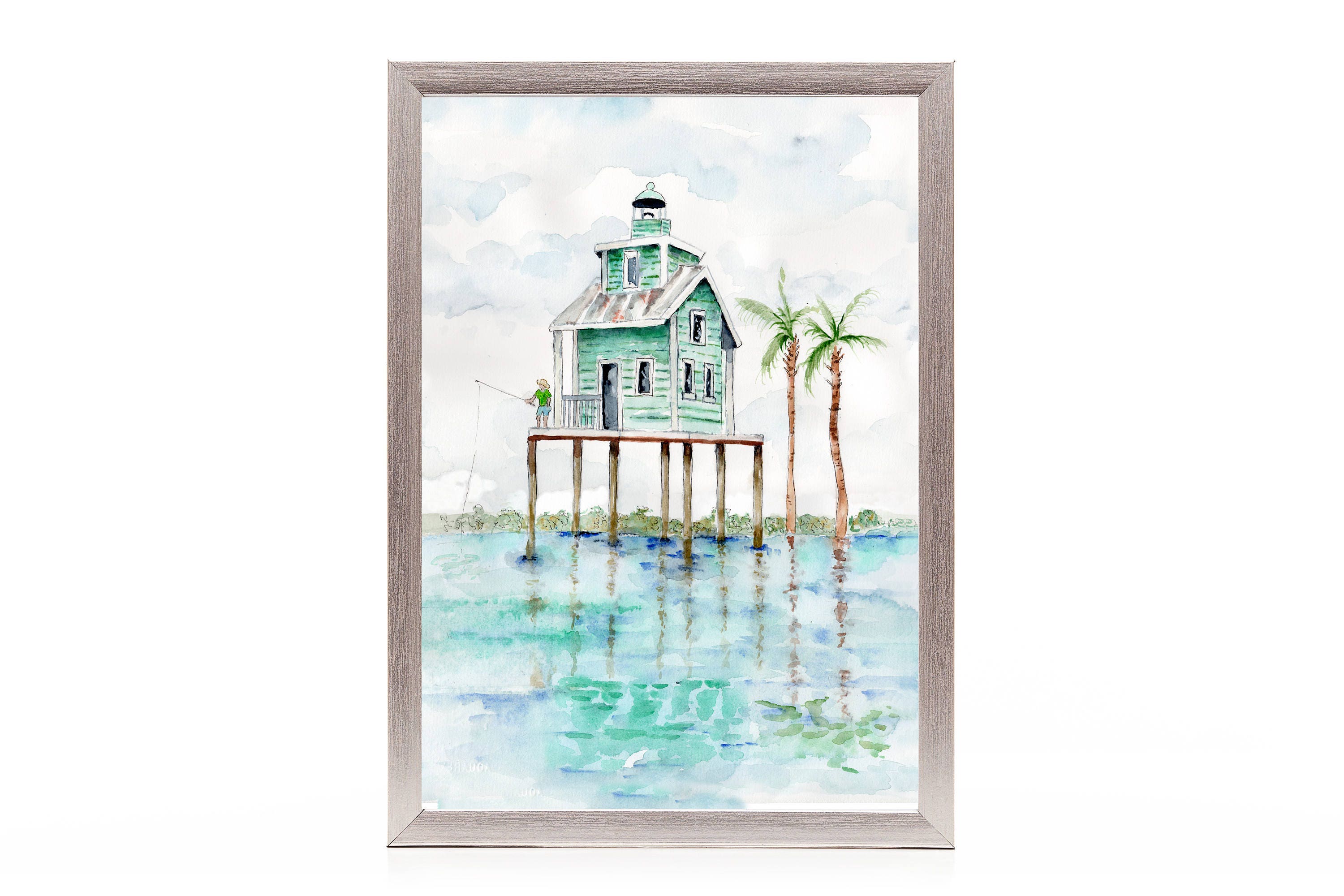 Rustic beach house watercolor painting Coastal house decor