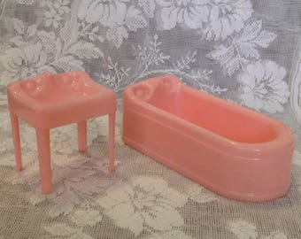 Plasco dollhouse pink bathroom set 1:16 3/4" scale furniture bath room tub bathtub sink collectible miniatures mid century doll house decor