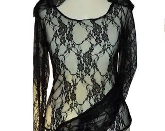 "Gary" Black Lace sleeves top long pagoda hood elven fairy Sanlivine