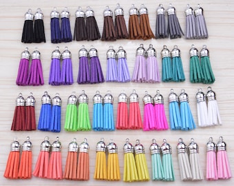 50 Jewelry Tassels, Assorted Color tassel with silver cap, Mini Suede leather tassels, Handmade Bracelet Tassel, 1.5'', You Choose the Color