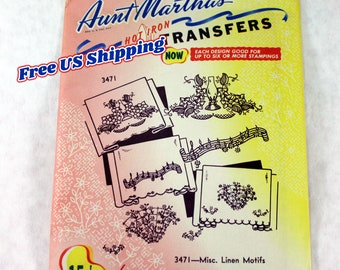 Aunt Martha's 3471 Hot Iron Transfers, Miscellaneous Linen Motifs, Uncut/Unused