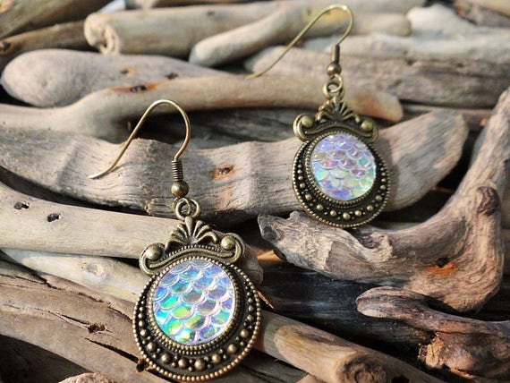 AB Clear Rainbow Opal Mermaid Tail Little Scale Scales Dragon Dragons Iridescent Earrings Bronze ToneMermaids Siren