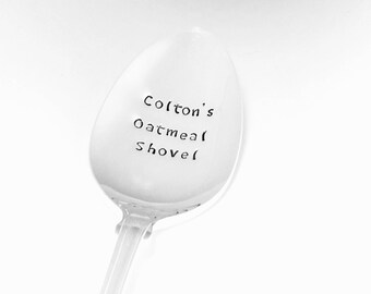 Custom name oatmeal shovel - Breakfast spoon - Vintage hand stamped silverplate spoon - Cereal spoon - Personalized Oatmeal Lover Gift