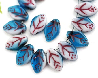 12x7mm Mixed Blue White Leaf beads, Dark Red Inlays, Light green Czech glass pressed leaves - 25Pc - 1120