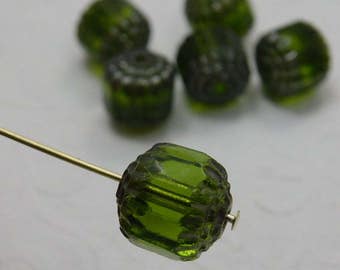 Czech Glass Cathedral Beads 10mm Fire Polish Olive Green with Silver (Qty 6) SRB-10FPC-OGrn-S