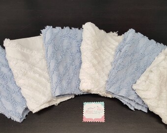 Chenille Fabric-6-Blue & White Vintage Chenille Fabric Sets / Six 12" x 18" Cuts /Chenille quilts-Cottage chic fabric. Chenille quilt fabric