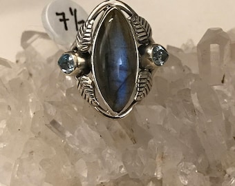 Beautiful Labradorite and Blue Topaz Ring, Size 7 1/2