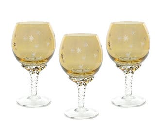 Vintage Italian Blown Glass Starburst Goblets / Empoli Glassware / Venetian Amber Glass