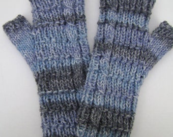 Hand Knit Fingerless Gloves in Blue/Grey. Striped Mittens. Texting Gloves. Comfy Hand Warmers.