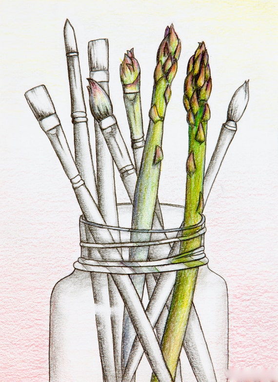 Asparagus paint brushes in jar colored pencil ORIGINAL drawing