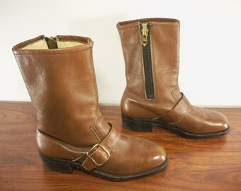 Vintage Hytest Union Made in USA Brown Engineer Biker Motorcycle Riding Harness Steel Toe Leather Men's Boots Size 7.5 Wide