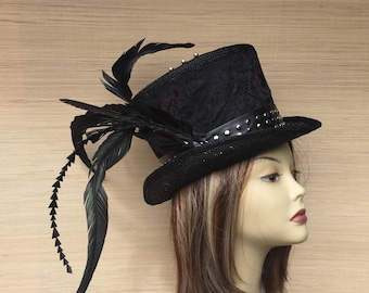 Black Straw Top Hat, Women's Straw Hat, Alice in Wonderland, Mad hatter Tea Party, Leather and Lace