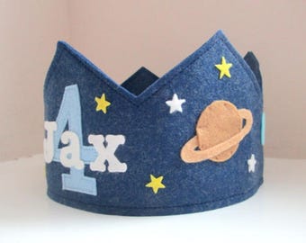 Space Birthday Crown, Solar System, Stars and Planets, Wool Felt Crown, Personalized, Smash Cake