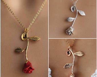 Original Beauty and the Beast Rose Necklace, Rose Gold Rose Necklace, Anniversary Gift, Personalized Bridesmaid gift, Initial Necklace