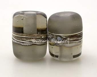 Gray Transparent Night Owl Tube Pair Lampwork Glass Bead - TANERES silvered ivory, fine silver wrap - 13x11 mm