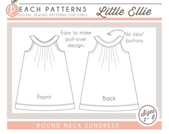 Little Ellie Round Collar Yoke Neck Dress Instant Download PDF Sewing Pattern Toddlers and Girls Sizes 1, 2 - 3, 4 - 5, 6 - 7 and 8