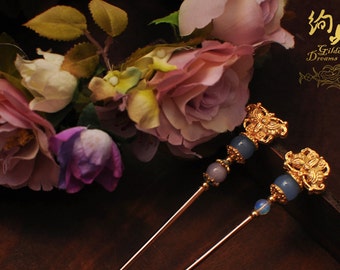 Winter Palace Purple and Blue Agate Opal Gold-plated Oriental Hairstick