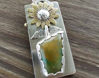 Sterling Sunflower Pendant, Peruvian Opal Pendant, Sterling Peruvian Opal, Flower Necklace, Gemstone Pendant