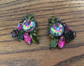 Vintage Watermelon, Fuchsia and Olivine Green Rhinestone Earrings 1439