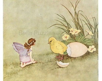 Hand-cut wooden jigsaw puzzle. FAIRY and CHICK. Outhwaite. Fairytale gift. Wood, collectible. Bella Puzzles.