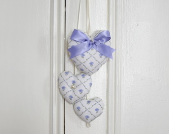 Door Hanger Trio of hearts Laura Blue Lavender Periwinkle Roses Lattice Laura Ashley Wall Hanger Romantic Classic Valentine's Day