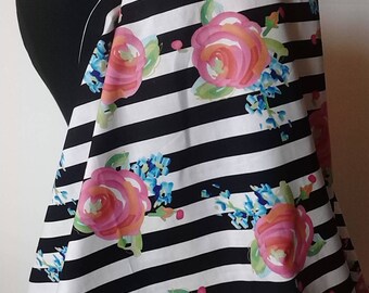 Nursing Cover-Breastfeeding Cover- Black Stripes Roses, Floral