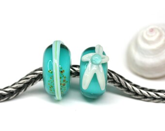 Artisan lampwork Big hole beads Teal green European charms Starfish Beach jewelry Large hole beads SRA MayaHoney