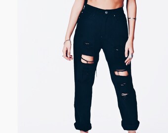Black distressed mom jeans, high waist jeans, mom jeans, vintage jeans, grunge jeans, All Sizes S M L XL XXL