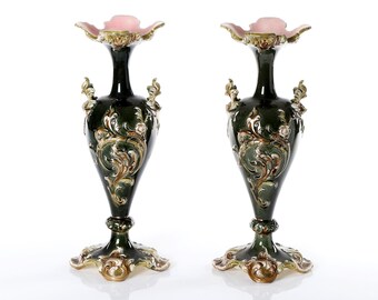 Antique pair vases-Julius Dressler majolica- rare antique vases-pair of Dressler vases-1930