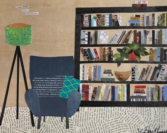 My Happy Place - original collage - books - original wall art