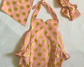 3 Piece Set - Vintage Sweetheart Romper Playsuit, Matching Top Knot Head Band + Bandana Bib