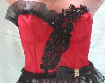 50% OFF BUSTIER Corset Remake Altered Clothing Burlesque Romantic - Vintage Bustier make Over -Claret and Black