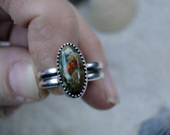 Ocean Jasper Ring, Double Band, Sterling Silver, Green Jasper Ring, Red Jasper Ring, One of a Kind, Boho Jewelry, Gemstone Ring, Size 5.5