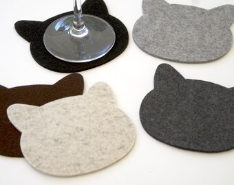 Cats Coasters in 3MM Thick Virgin Merino Wool Felt Eco-friendly Pet Lovers Gift Crazy Cat Lady Fabric Drink Coaster Set