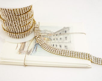 4 Row Gold Rhinestone Trim, Wedding Trim, Crystal Applique, Gold Crystal Trim, Bridal Trim, Bouquet Trim, 15mm ( 1 Feet Qty)