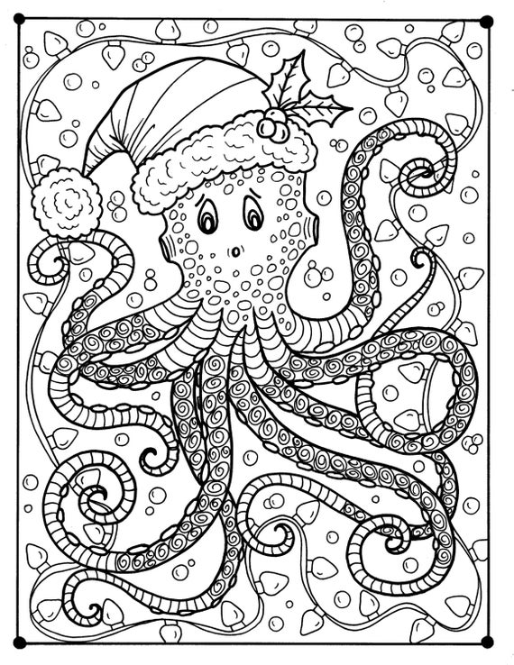 Octopus Christmas Coloring page Adult color Holidays beach