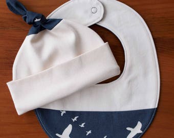 Navy Blue and Cream Baby Hat and Bib; Birds in Flight Newborn Baby Cap, Drool Bib Gift Set; Organic Cotton Baby Gift; Teething Bib, Beanie