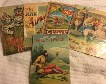 5 Antique Children's Books/Three Little pigs/Three Little Kittens/The New Gulliver/The Ark Alphabet/The Giant and Dwarf