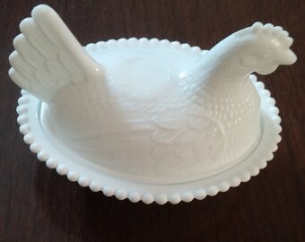 Milk glass chicken dish, glass hen on nest covered dish, vintage bird on nest milk glass hen, Indiana milk glass hen dish